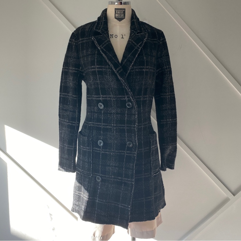 Diesel Black and White Window Pane Checkered Double Breast Wool Coat - XS